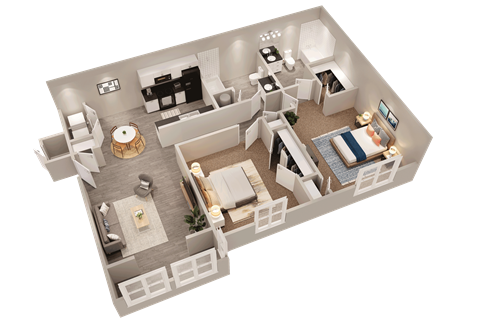 a 3d floor plan of a bedroom with a living room